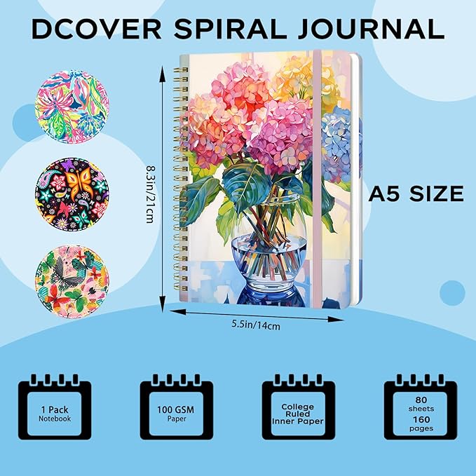 Yoiilifee Spiral Notebook - A5 Spiral Notebooks, 8.3'' × 5.8'', 160 Pages, Aesthetic Journaling Notebooks for Women, College Lined Notebook with Elastic Closure, Back Pocket, for School Office, vase