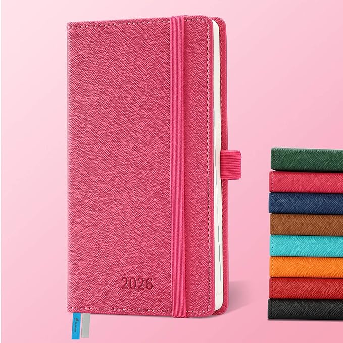 Weekly Monthly 2026 Planner (Jan.26-Dec.26),6.5"x3.75",12 Months Agenda Plan with Month Tabs & Pocket,Expenses/Note Pages, Appointment Book Calendar with Vegan Leather Cover,Rose Red