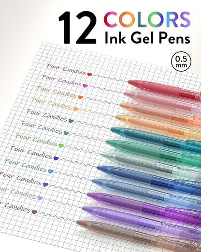 Four Candies 12Pack 0.5mm Quick Dry Retractable Gel Pen Set, Cute Transparent Fine Point Multicolor Note Taking Aesthetic lnk Pens, Comfort Grip 12 Ink Colors Drawing Writing School Office Home
