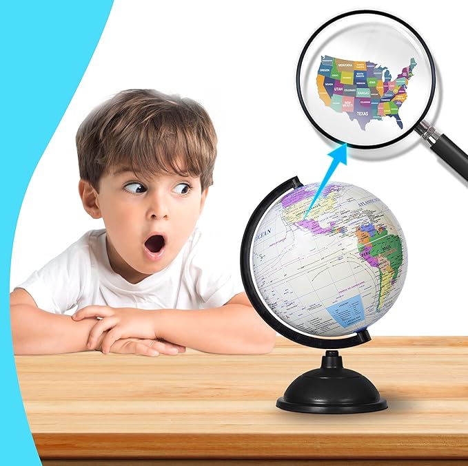 8 Inch World Globe with Stand Rotating Earth Spinning Globe for Kids Geography Classroom Education or Decorations (White)