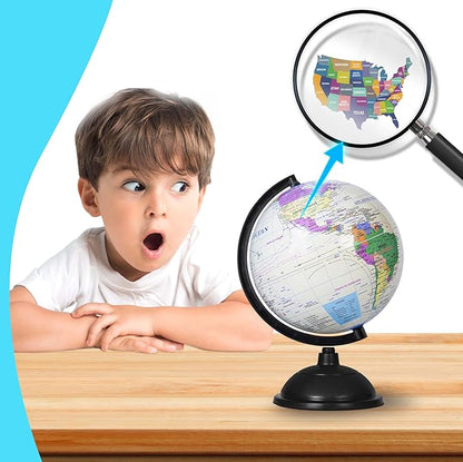 8 Inch World Globe with Stand Rotating Earth Spinning Globe for Kids Geography Classroom Education or Decorations (White)