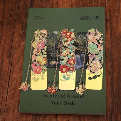 3 PCS Metal Bookmarks, Bookmarks for Reading Women, Pretty Bookmarks for Women, Beautiful Metal Bookmark, Beautiful Flower Bookmark, Lotus, Hollyhock, Camellia (BKM-050-002)