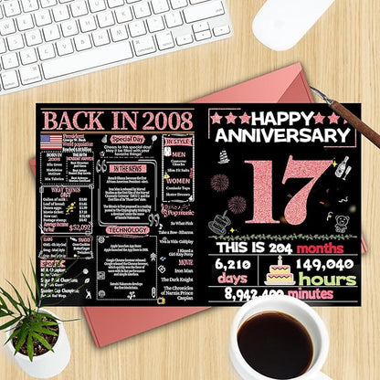 Joycard 17th Anniversary Card for Women, Wedding Card for Wife, Sweet Marriage Decorations Gifts for Couple, Perfect for Her on Anniversary Day, Back in 2008