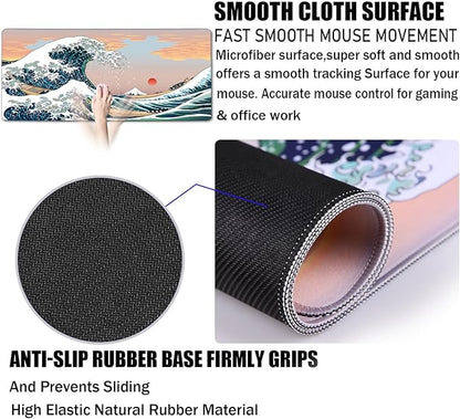 Japanese Large Mouse Pad,Desk Mat Large Office Desk Pad, Extended Large Mouse Mat for PC, Stitched Edges Gamer Mousepad 31.5 X 15.7 Inch Long Mice Pad, Sunset Sea