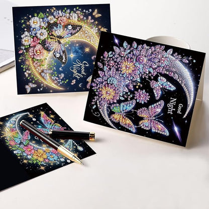 6 Pcs 5D Rhinestone Painting Greeting Cards Kits, Handmade Festival Greeting Cards with Envelopes Holographic Shimmer Design DIY Diamond Art Crafts Birthday Cards for Adults (Butterfly Moon)