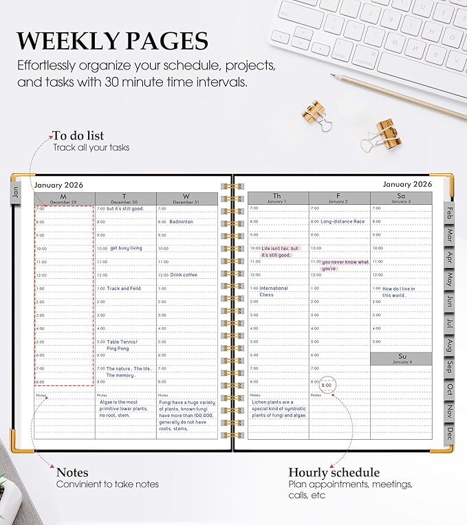 2026 Planner, Weekly and Monthly Calendar Planner from January 2026 - December 2026, 8.5" x 11" Hardcover Leather Hourly Appointment Book with Tabs, Spiral Daily Planners for College School Work Home, Black