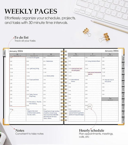 2026 Planner, Weekly and Monthly Calendar Planner from January 2026 - December 2026, 8.5" x 11" Hardcover Leather Hourly Appointment Book with Tabs, Spiral Daily Planners for College School Work Home, Black