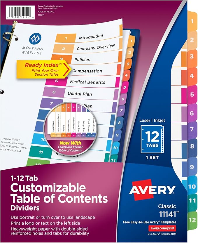 Avery 12 Tab Dividers for 3 Ring Binders, Customizable Table of Contents, Multicolor Tabs, 1 Set (11141)