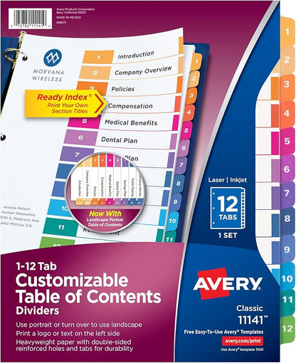 Avery 12 Tab Dividers for 3 Ring Binders, Customizable Table of Contents, Multicolor Tabs, 1 Set (11141)