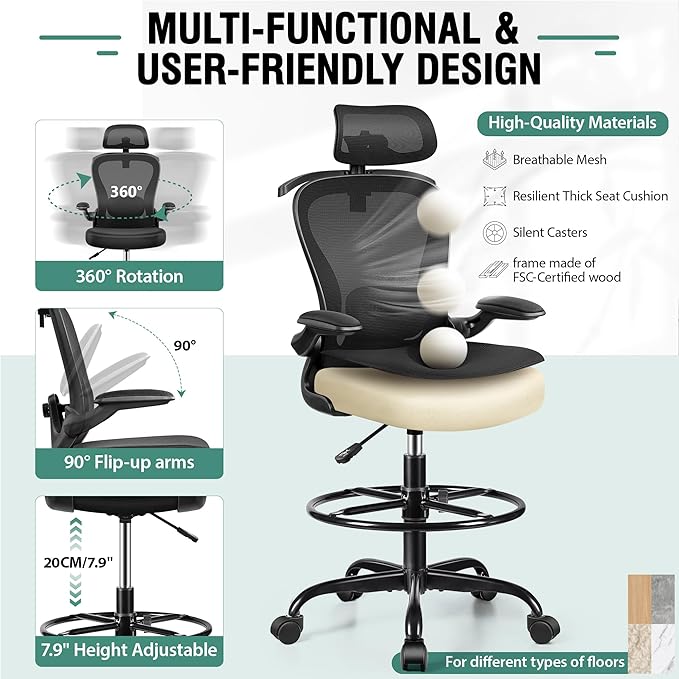Drafting Chair, Tall Office Chair with 3D Lumbar & Head Support, Ergonomic Mesh Standing Desk Chair with Footring, Comfy Extended High Desk Chair with Flip-Up Arms & Hanger (Black)