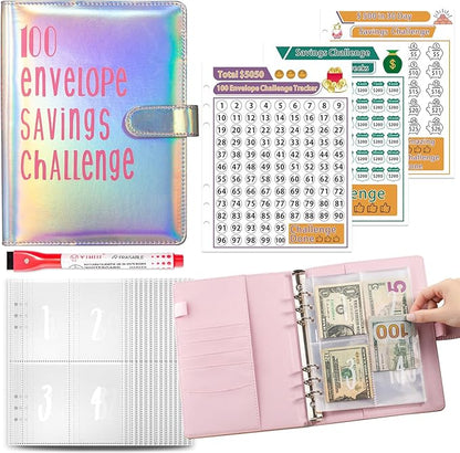 100 Envelopes Challenge Binder Savings Challenges Book, A5 Money Saving Planner Cash Envelope Budget Binder with Erasable Pen, Easy and Fun Way to Save $5,050, 10,000 and $500 (Dazzle Silver)