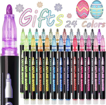 Shimmer Markers Doodle Outline Pens - Stocking Stuffers Kids Teen Tween Girls Ages 4 8 10 12 Year Old Gift Present 24 Colors Metallic Glitter Double Line Sparkle Set Art Craft Drawing Supplies Stuff