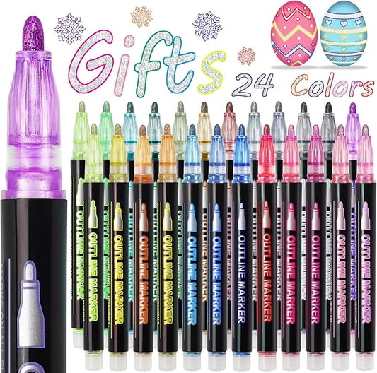 Shimmer Markers Doodle Outline Pens - Stocking Stuffers Kids Teen Tween Girls Ages 4 8 10 12 Year Old Gift Present 24 Colors Metallic Glitter Double Line Sparkle Set Art Craft Drawing Supplies Stuff