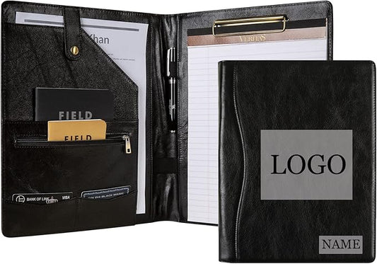 Personalized Leather Portfolio for Men, Engraved Leather Clipboard Portfolio Binder, Custom Leather Resume Padfolio for Women, Christmas Gift for His/Her (Clipboard, Shiny Black-Custom)