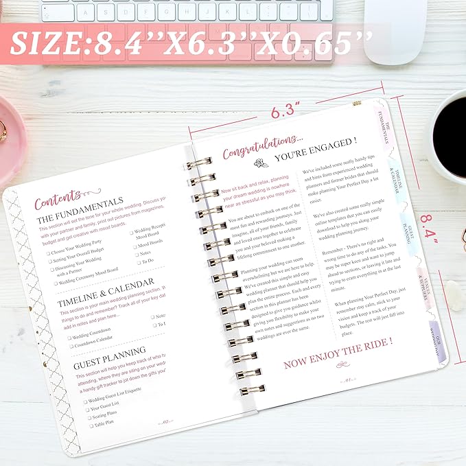 Wedding Planner - Wedding Planner Book/Organizer for The Bride with 5 Tabbed Sections, 6.3" x 8.4", Hardcover with Metal Corner, Inner Pocket, Sticker