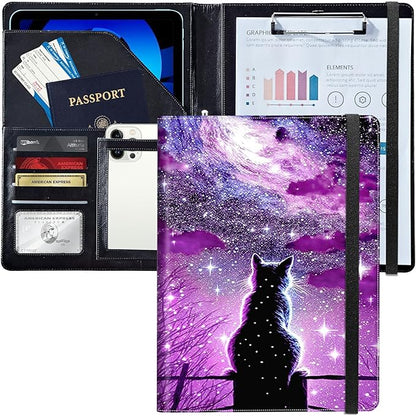 PU Leather Padfolio Folder Clipboard Portfolios Organizer Conference Document Organizer with Business Card Holder Storage Clipboard Writing Pad,Hipster Cat Galaxy