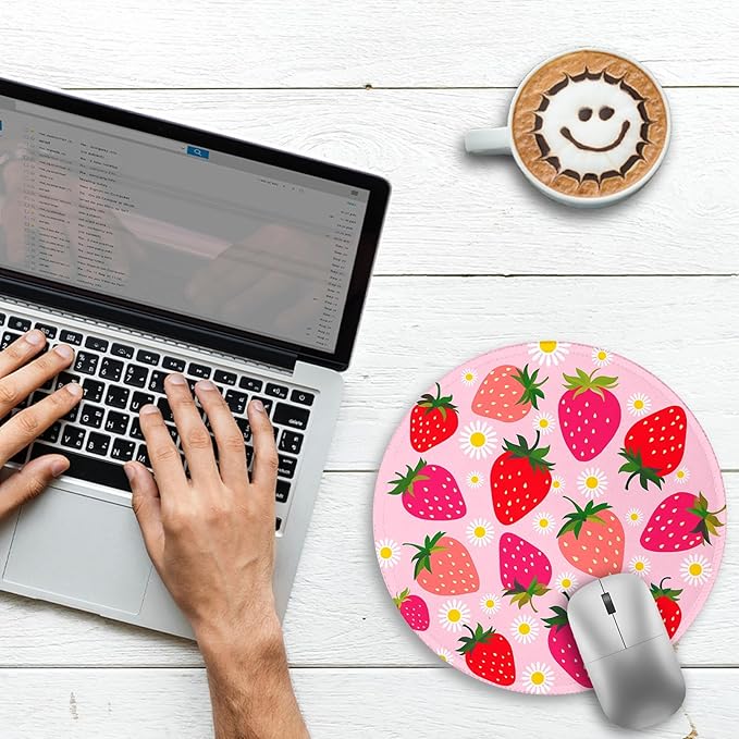 Gctriki Strawberry Mouse Pads for Desk, with Stitched Edge Non-Slip Rubber Base, Cute Small Round Comfortable Computer Mousepad for Laptop Gaming Work, Cute Office Desk Accessories Decor Supplies