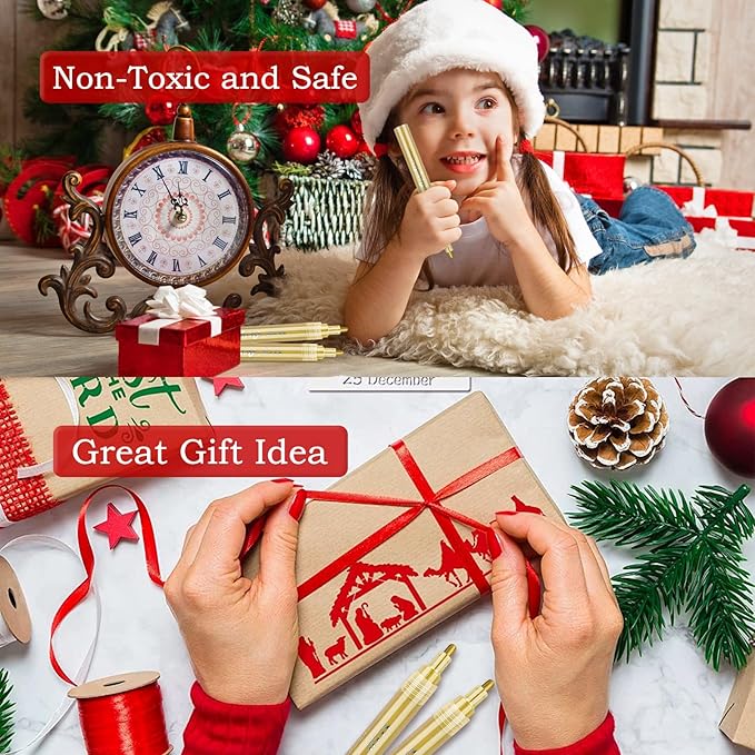 SFAIH Gold Paint Markers Paint Pens - 4 Pack 2-3MM Medium Tip Metallic Acrylic Markers for Rock Painting, Wood, Metal, Fabric, Plastic, Canvas, Glass, Ceramic, Diy Crafts, Drawing, Tire