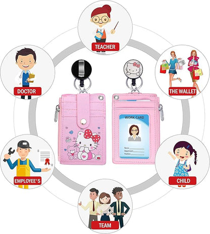 Cute ID Badge Holder Retractable Lanyard Reel Clip with Heavy Duty Carabiner,5 Card Slots in2 Sided with Key Ring and Zipper for Students Teens Boys Girls Office Staff Women (01 Pink CatA)