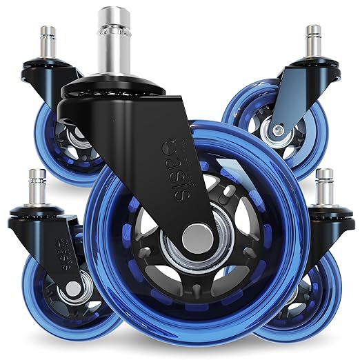 The Original Roller Blade Office Chair Wheels (As Seen On PBS) - Incredibly Smooth & Quiet Rolling Casters - Safe for Hardwood Floors & Carpet - Easy Installation with Universal Fit - Set of 5 - Blue