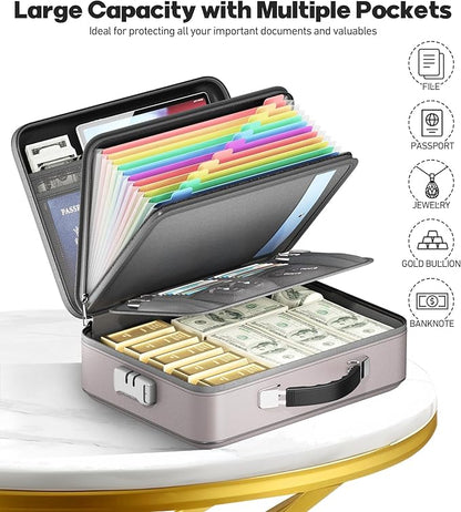 Fireproof Document Box with Water-Resistant Zipper, Hard Case Fireproof Box with Lock, Portable Hard-Shell Fire Safe Box, Large Capacity File Organizer for Important Documents, Laptop (Gray, M)