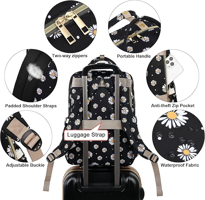 Daisy Black Laptop Backpack College Bookbag School Backpack for Women Girls, Travel Backpack 15.6 Inch Computer Backpacks