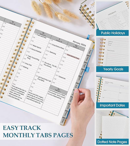 2026 Planner, Weekly and Monthly Calendar Planner from January 2026 - December 2026, 5.75" x 8.38" Hardcover Leather Hourly Appointment Book with Tabs, A5 Spiral Daily Planners for College School Work Home, Sky Blue