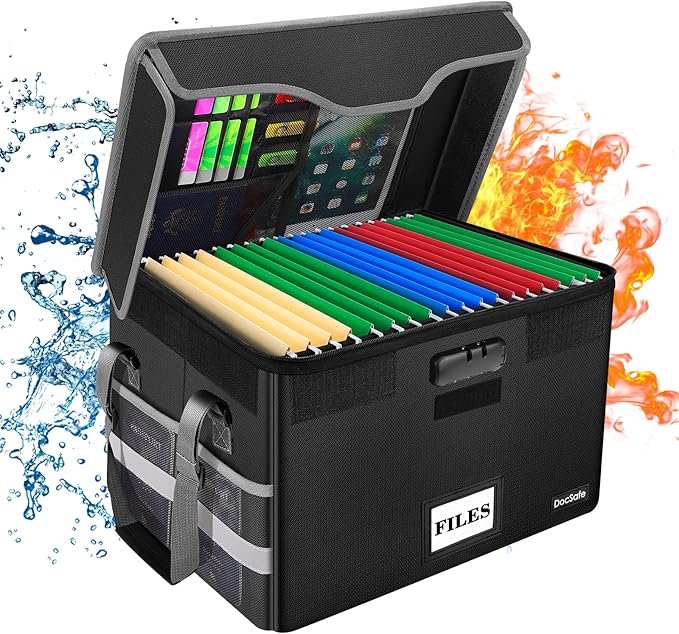 DocSafe File Box Fireproof Document Box with Lock,File Storage Organizer Box with Insert Pockets,Collapsible Portable File Box Home Office File Cabinet for Hanging Letter/Legal Folders,Black,2 Pack