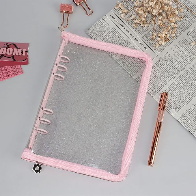 Multibey A5 Binder Cover Clear Soft PVC 6-Ring Binder Cash Budget Evelopes System with Zipper Planner Organizer Refillable Notebook Journal Binder (Pink, A5)