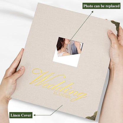 Vienrose Wedding Planner Book Organizer for the Bride, Gold Foil 'Wedding Planner' Linen Cover with Window Wedding Binder Engagement Gifts for Women Wedding Planning Book