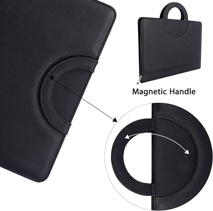 GraduatePro Portfolio Binder Leather Zippered Padfolio Folder Business Case Organizer Bag for Pad Notebook Resume for Women Men Graduation Gift, Black