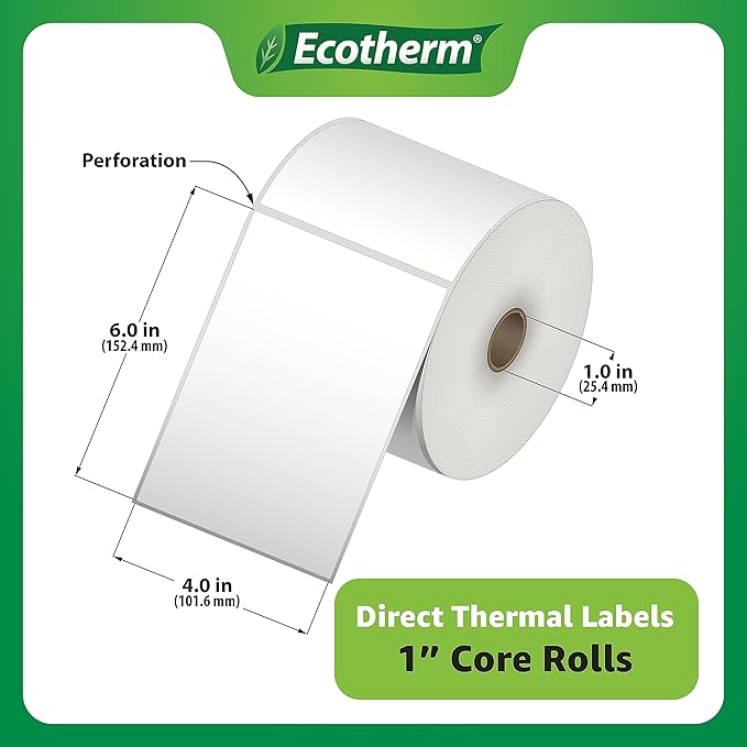 4" x 6" Thermal Labels | 6 Rolls | 2850 Labels | fits Zebra, Munbyn, Rollo, Godex, Arkscan, iDPRT, Offnova Thermal Label Printers and More | Blank White Adhesive Stickers by Ecotherm
