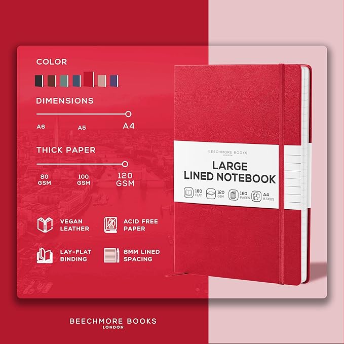 BEECHMORE BOOKS Ruled Journal Notebook, A4 8.5 x 11.5 inch 160 Lined Pages, Hardcover Leather Journals For Women, Men, Writing And Notebooks For Work - 120 GSM Thick Paper, Gifts Box Included