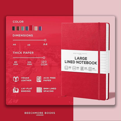 BEECHMORE BOOKS Ruled Journal Notebook, A4 8.5 x 11.5 inch 160 Lined Pages, Hardcover Leather Journals For Women, Men, Writing And Notebooks For Work - 120 GSM Thick Paper, Gifts Box Included