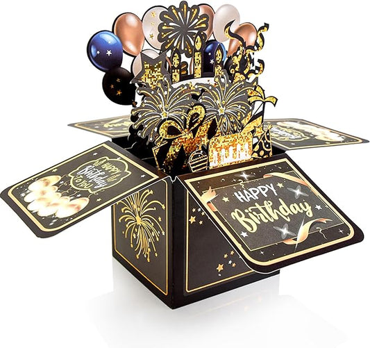 Surprise Pop Up Happy Birthday Cards, Lovely 3D Birthday Card for Adults and Kids with Envelopes, Unique Design Handmade Foldable Greeting Cards for Daughter, Son, Mom, Dad, Friend（Black）