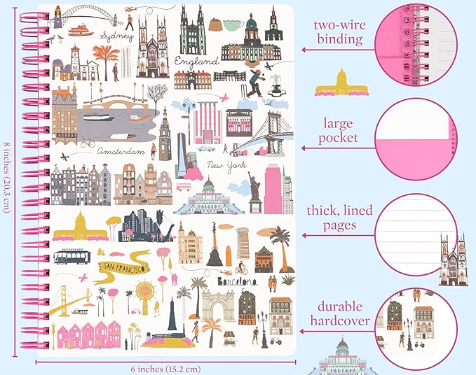 Steel Mill & Co Cute Mini Spiral Notebook, 8.25" x 6.25" Journal with Durable Hardcover and 160 Lined Pages, Travel Icons