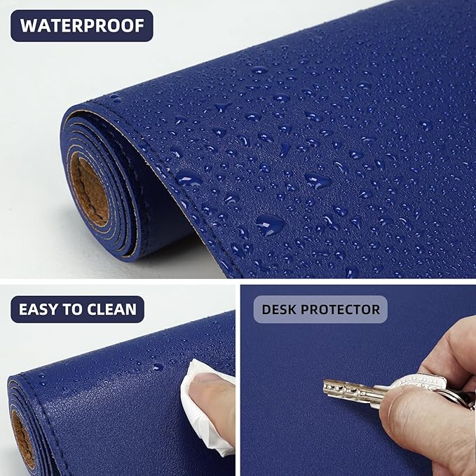 Leather Desk pad Protector, Large Desk mat with Natural Cork & PU Leather,Mouse pad,Non-Slip Office Desk Mat,Waterproof Desk Writing Pad for Office and Home (Sapphire Blue,47in*23in)