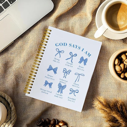 Coquette Blue Bows Bible Notebook,Aesthetic Composition Notebook, God Says I Am Christian Scripture Prayer Journal for Women, Positive Hardcover Spiral Notebooks College Ruled 5.5 x 8.3 (Blue)