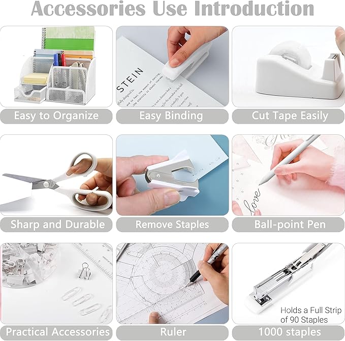 White Office Desk Accessories Supplies, 12pcs Desk Organizers and Accessories with Tape dispenser and Stapler,Staples,Staple Remover,Pen Holder,Scissor,Ruler,Sticky Tabs,Tape,Ballpoint Pen,Clips Set