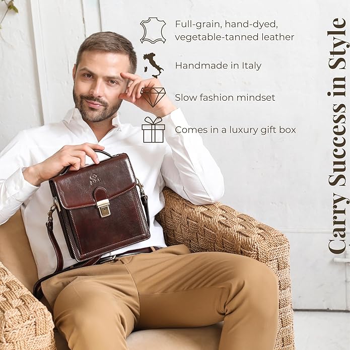 Time Resistance Small Leather Briefcase for Men - Crossbody Bag - Italian Leather Messenger Bag - Gift Box Included