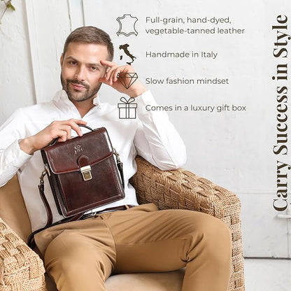 Time Resistance Small Leather Briefcase for Men - Crossbody Bag - Italian Leather Messenger Bag - Gift Box Included