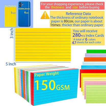 MotBach 280 PCS Index Cards Flash Cards,3" x 5", Colorful Ruled Notecards Study Cards Memo Scratch Pad Lined Studying Record Index Cards To Do List for Home School Office Supplies