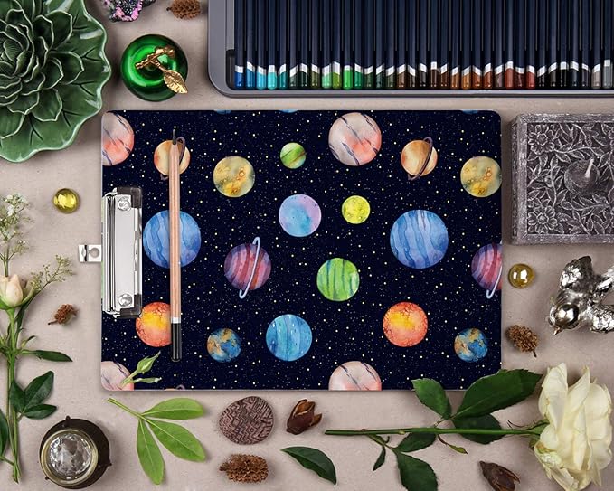 WAVEYU Cute Hardboard Clipboard for Kids Boys, Clipboard with Low Profile Clip for Students Classroom School and Office Use 12.5"x 9", Planet Pattern