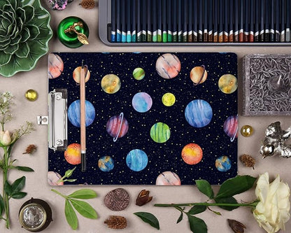WAVEYU Cute Hardboard Clipboard for Kids Boys, Clipboard with Low Profile Clip for Students Classroom School and Office Use 12.5"x 9", Planet Pattern