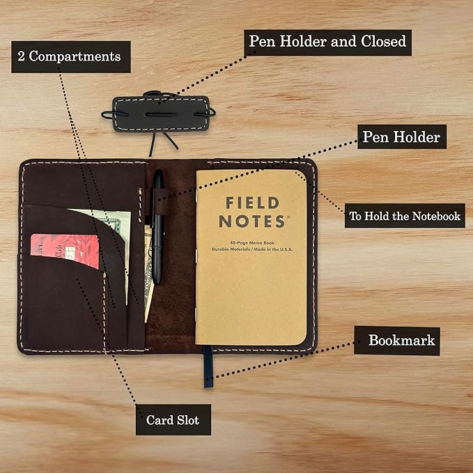 Thot Ra Leather Cover for Field Notes, Passport Cover, Leather Notebook Cover for 3.5" x 5.5" with Pen Holder, Only Cover (Dark Brown)