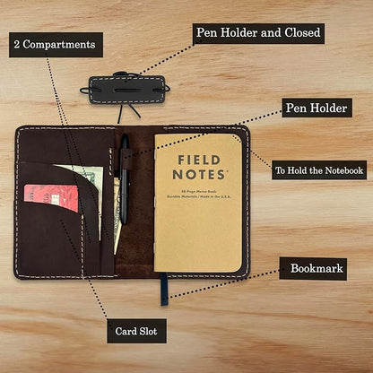 Thot Ra Leather Cover for Field Notes, Passport Cover, Leather Notebook Cover for 3.5" x 5.5" with Pen Holder, Only Cover (Dark Brown)