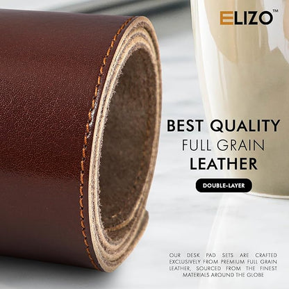 Elizo Leather Desk Mat Desk Pad Blotter Set - Real Full-Grain Leather (32x16) 2-Layer Genuine Desk Cover Protector & Large Mouse Pad | Computer Keyboard Desk Accessories for Office & Home Bourbon