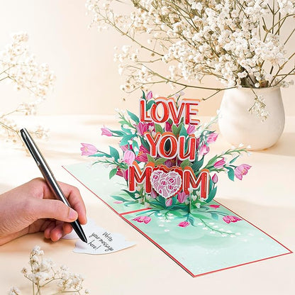 Love You Mom Pop Up Card, Flower, Heart Shaped Symbol, Gift For Birthday, Mothers Day, Anniversary, Valentines Day, Mom, Godmother, Mother in Law, 5x7 - Includes Envelope And Message Note