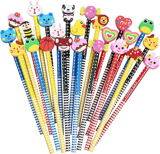 28PCS Pencils with Fruit Animal Top Eraser for Kids,Pencils with Assorted Cartoon Color Stripe Erasers Topper for Kids School Supplies and Children Prize Gifts (28)