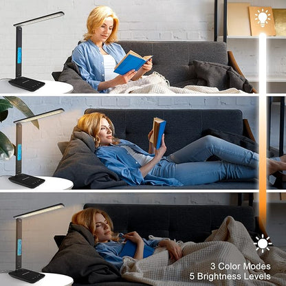 Desk Lamp with Wireless Charger, USB Charging Port, Dimmable Office Desk Light with Clock, Alarm, Date, Temperature, Foldable Lamp for Table Bedroom Bedside Office (Black)